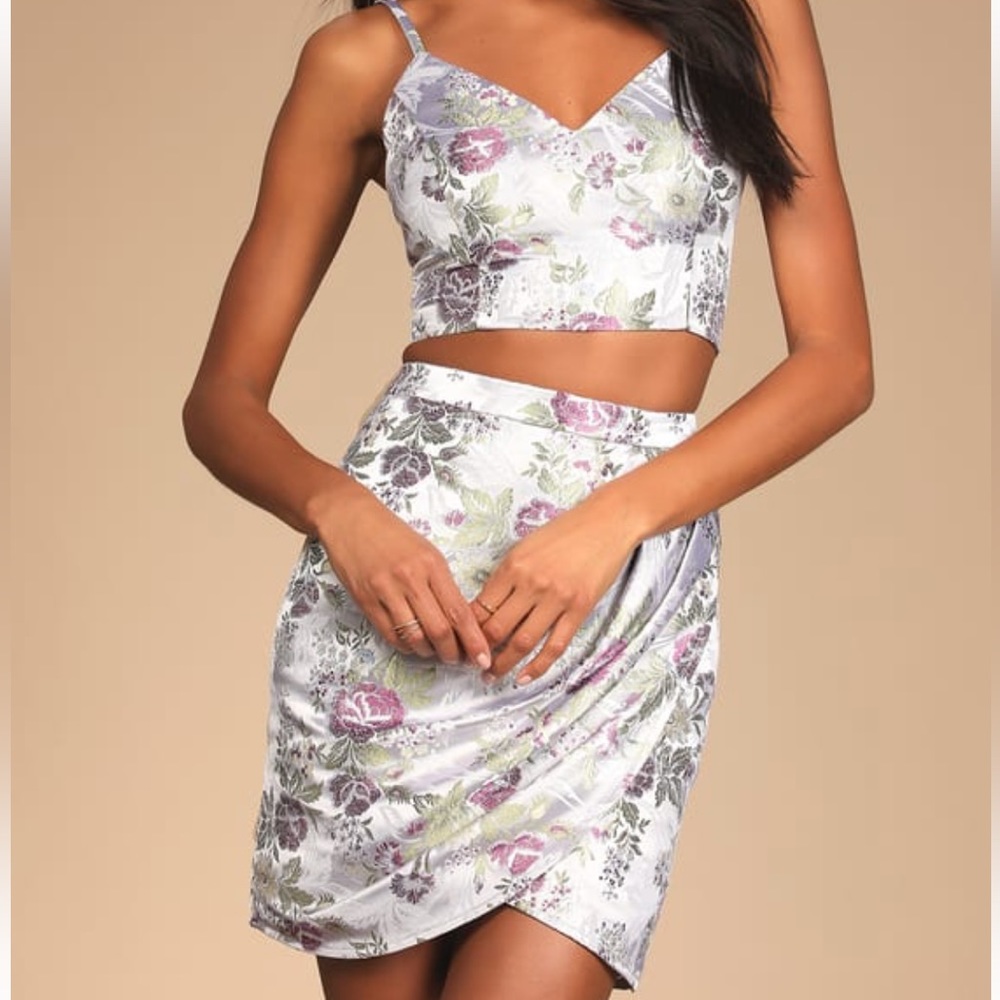 Lulus- sweetly chi grey floral jacquard two-piece mini dress